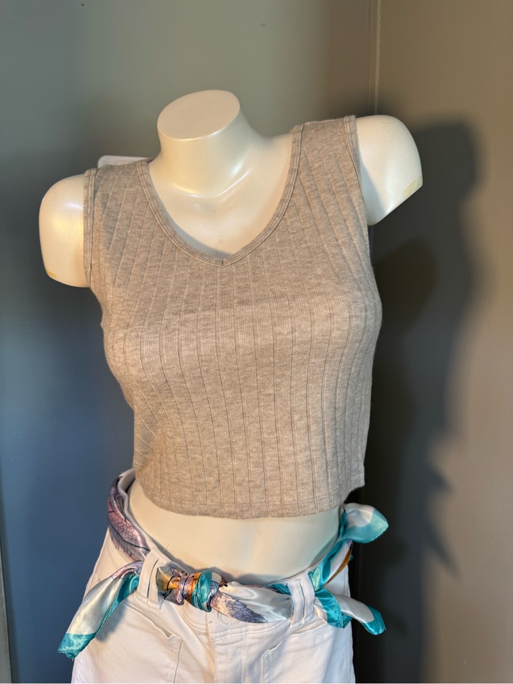 NWOT Zenana Ribbed V-Neck Crop Tank Top in Sand Beige